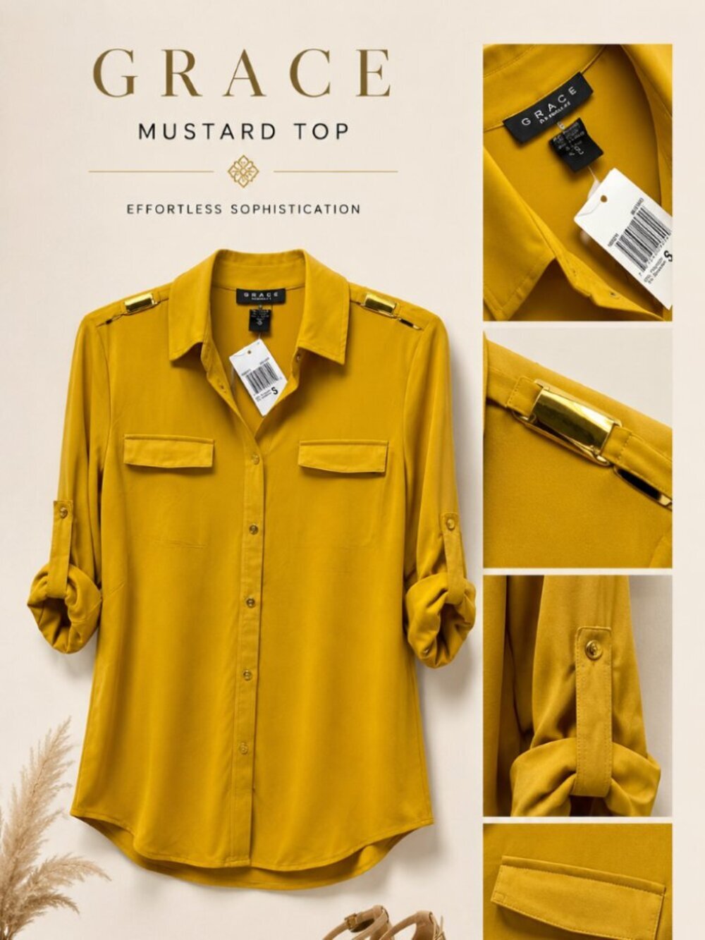 Grace Mustard Button Down Top XS S M L XL NWT